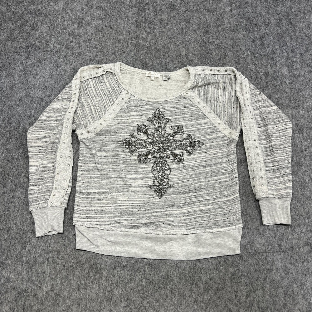 Miss Me Sweater Womens M Gray Cross‎ Rhinestone Studded Pullover Knit Top Y2K